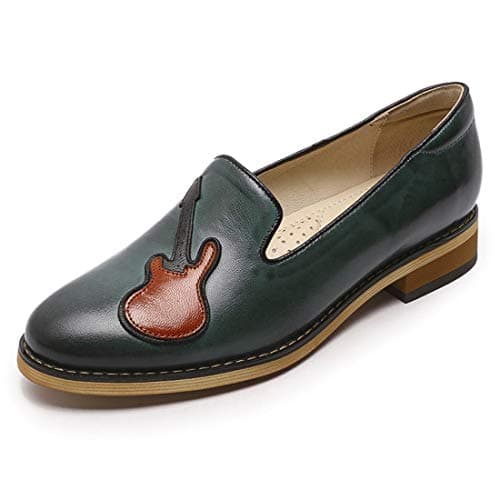 Mona flying Women's Leather Penny Loafers Slip On Flats Office Ladies Casual Shoes Dark Green