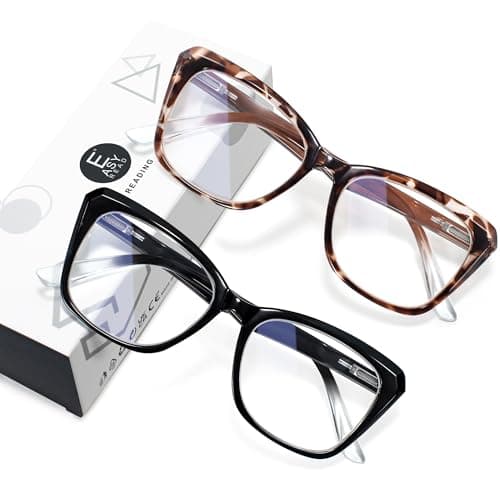 EASY READ 2 Pack Reading Glasses for Women,Cat Eye Blue Light Blocking Computer Readers with Spring Hinge(Magnification 2.00,Black/Tortoise)