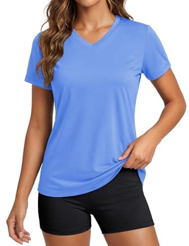 MAGCOMSEN Rash Guards for Women Short Sleeve V Neck Shirts UPF 50 Running Workout Shirts Quick Dry Light Blue S
