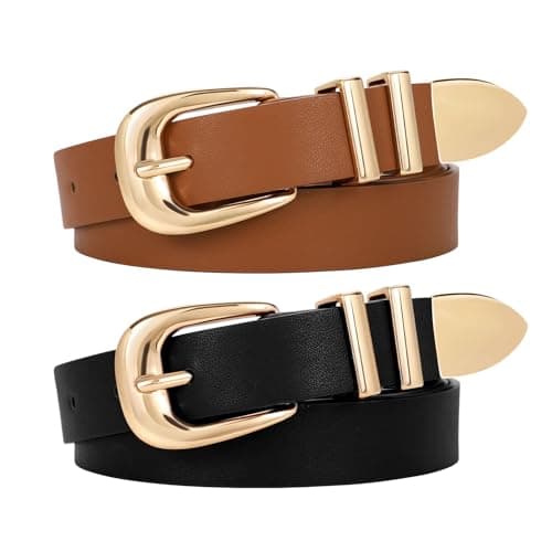 WERFORU 2 Pack Women Leather Belt Fashion Leather Waist Belt for Pants Jean Ladies Western Belt with Gold/Silver Buckle,Fit Waist Size 37-41 Inches,A-black+brown-