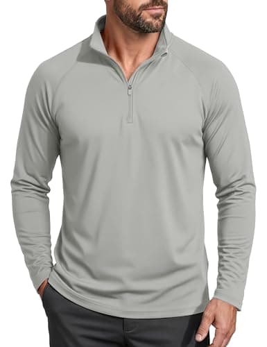 UPF 50+ Shirts Men Long Sleeve Sun Protective Quarter Zip Shirt Fishing Shirts Outdoor Shirts Quick Dry Running Shirts Light Grey