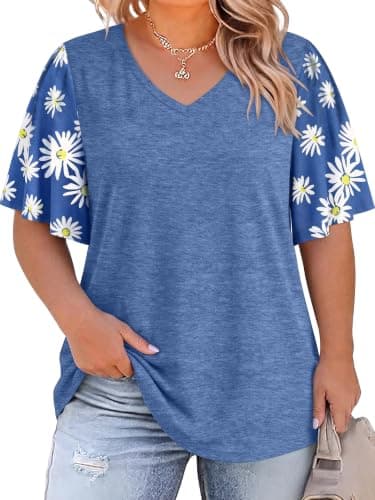 HDLTE Women Plus Size Tops Bell Sleeves Floral Print Shirt Casual Plus Size Blouse (Blue, 2X)