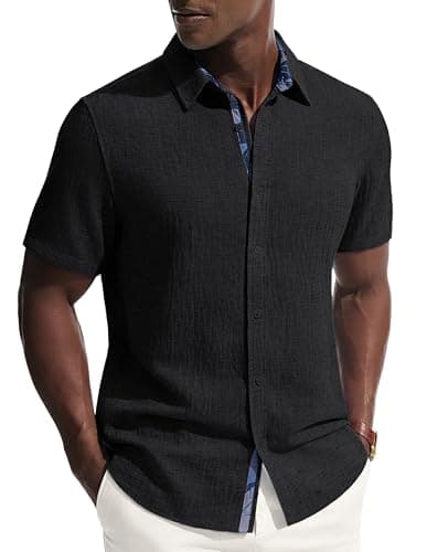PJ PAUL JONES Men's Short Sleeve Button Down Shirt Casual Linen Summer Beach Wedding Dress Shirt Black