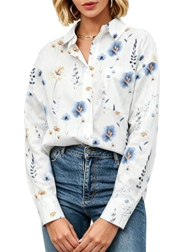 Dressmine Button Up Blouse Women Floral Shirts Fall Long Sleeve Tops V Neck Casual Tunics Oversized Office Top White Large