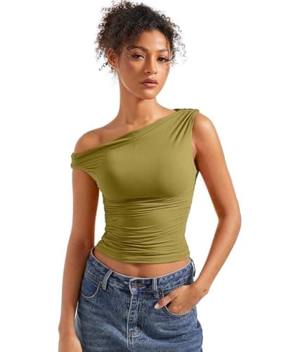 SUUKSESS Women Off Shoulder Tops Sleeveless Shirts Y2K Trendy Going Out Crop Tank Top (Olive,S)