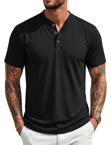 MAGCOMSEN Men's Henley Short Sleeve Shirt UPF 80+ Moisture Wicking Polyester Shirts Button T-Shirts Casual Basic Tees Black