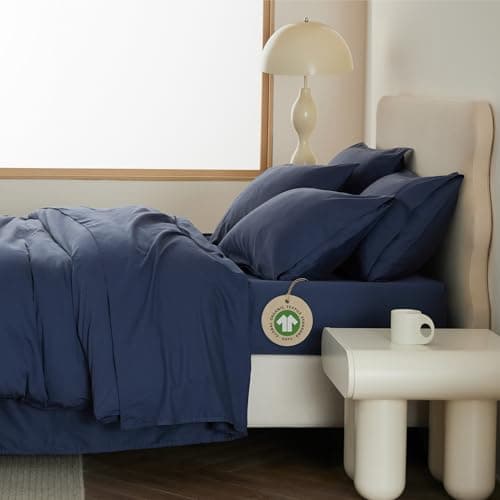 Double Stitch 100% Organic Cotton Sheets, Queen Sheet Set, GOTS Certified Long Staple Cotton Bedsheets, Luxury & Soft Hotel Bed Sheets with 16 inches Deep Pocket, Made in India Navy