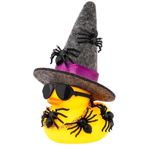 wonuu Spiders Rubber Ducks for Halloween, Car Dashboard Decorations Duck for Office Desk Ornament Accessories with Witch Hat Glasses Chain Spider (Dark Gray)