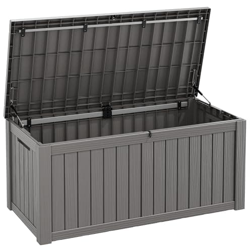 Fancyango 150 Gallon Outdoor Deck Box Waterproof, Large Storage Box for Patio, Resin Storage Bench Lockable for Garden Tools, Package Delivery, Grey