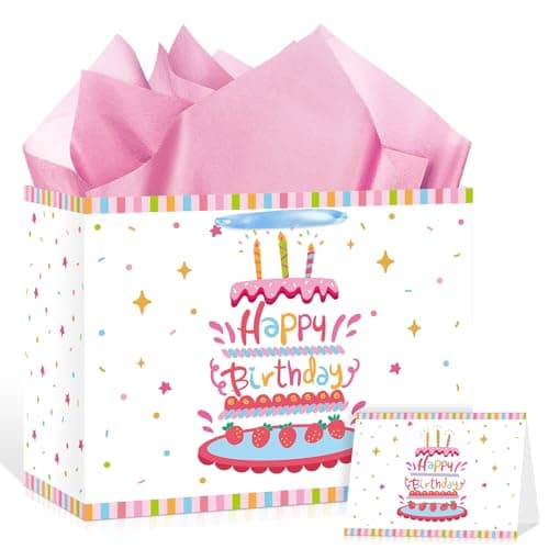 Pink Birthday Gift Bags for Girls Women Colorful Cake Design Party Favor Bags with Wrapping Tissue Paper and Greeting Card for Baby Shower Party Supplies