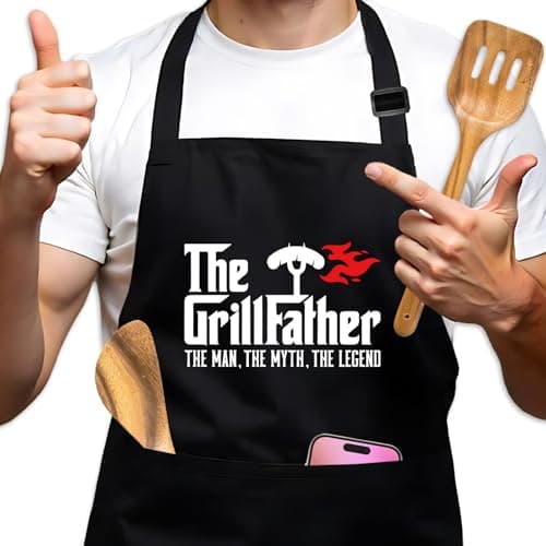 GOSJINNK Funny Grilling Aprons for Men, The Grillfather, Adjustable BBQ Cooking Black Chef Aprons with Pockets, Father's Day Gifts for Grill Dad, BBQ Grilling Gifts for Men Husband Chef Grill Lover