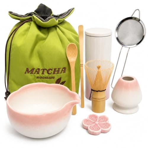 Nalexmi 10 Sets Matcha with Whisk, Matcha Bowl with Whisk Holder and Spoon Rest All In One Bag, Sakura pink and Green, Perfect for Enthusiasts, Gift-giving