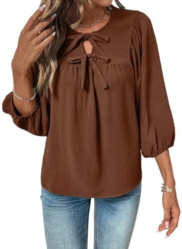 SHEWIN Dressy Tops for Womens 3/4 Sleeve Tops for Women Blouses Flowy Spring Summer Baby Doll Puff Sleeves Dressy Casual Bow Tie Brown Elegant Loose Ladies Shirt 2026 Trendy XX-Large