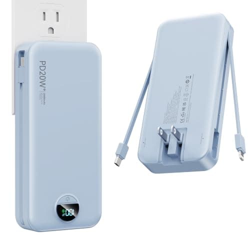 Nusyddy Portable Charger 20000mAh PD20W w/Built-in Cables & Wall Plug Blue