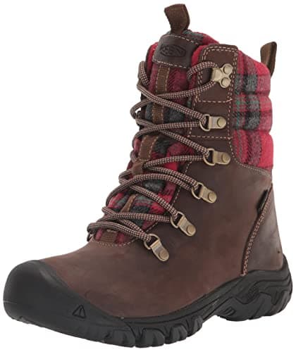 KEEN Women's Greta Waterproof Snow Boot, Dark Brown/Red Plaid, 5.5 Medium US