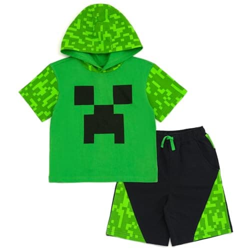 Minecraft Creeper Little Boys Hooded Cosplay T-Shirt and French Terry Shorts Outfit Set Green/Black 7-8