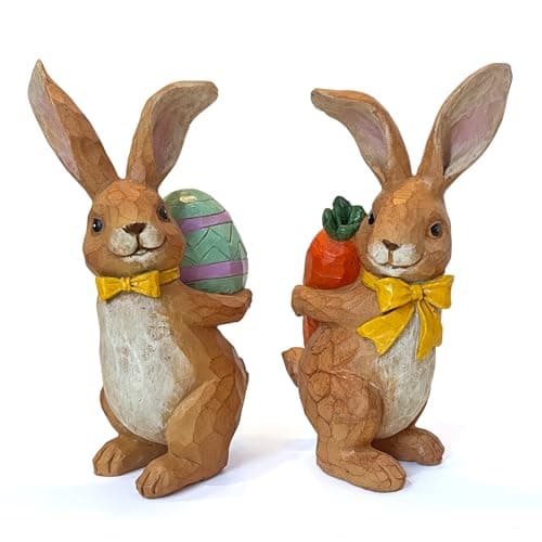 LIFFY Easter Bunnies Statue Home Decor - Charming Hand Painted Resin Rabbit Figurines with Flower, Pretty Spring Home Decor & Gift (Brown)