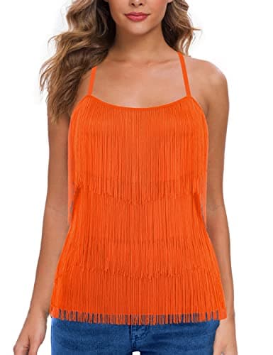 MANER Women’s Fringe Top Tassel Trim Cami Spaghetti Strap Tank Tops (Large, Orange)