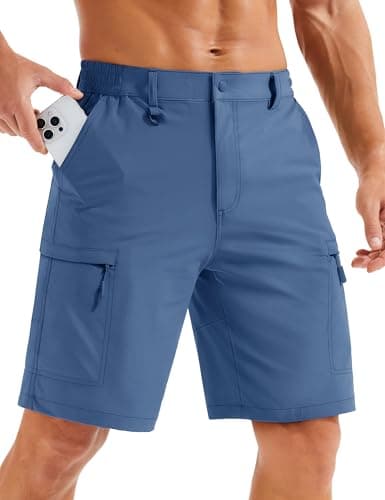 MAGCOMSEN Hiking Shorts Men Lightweight Golf 10 Inseam Cargo Shorts Pockets Quick Dry Casual Workout Travel Blue Grey, 32
