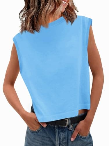 Tankaneo Womens Cropped Cap Sleeve Tank Tops Summer Casual Loose Fit Basic Tee Shirts Blue