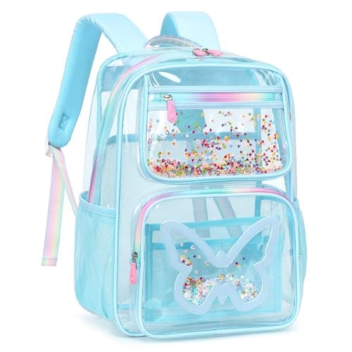 Clear Backpack for School,Large Bookbag Heavy Duty See Through Butterfly Backpacks for Girls Stadium Approved Daypack Transparent Shoulder Bags for Students,Teens,Women,Work,Travel,Concert Blue