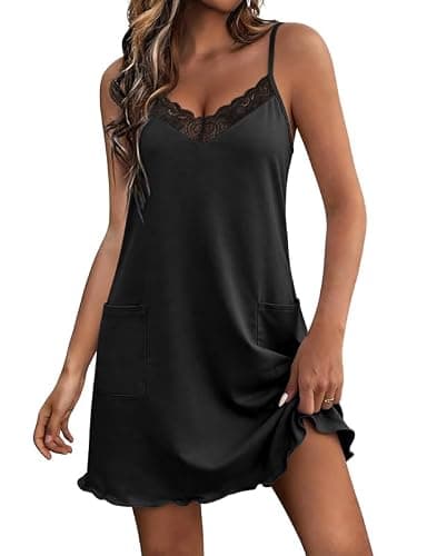 Marvmys Women's Nightgown V-neck Chemise Sleepwear Lace Nightwear Soft Lingerie for Women Black L