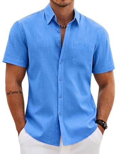 COOFANDY Mens Casual Button Down Shirts Casual Cotton Shirts Honeymoon Family Picture Outfits Blue