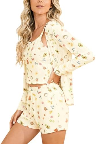 Dressmine Shorts Pajama et for women 3 Piece Sleep Outfit Long Sleeve Pajamas Cute Fruit Print Fall 2026 Tank Yellow X-Large