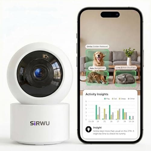 Sirwu AI Pet Camera Indoor, Multi-Pet Recognition for Up to 6 Pets, 2K 3MP Dog & Cat Camera with 360° Auto Tracking, AI Daily Summaries, Night Vision, 2-Way Audio, 2.4/5GHz WiFi