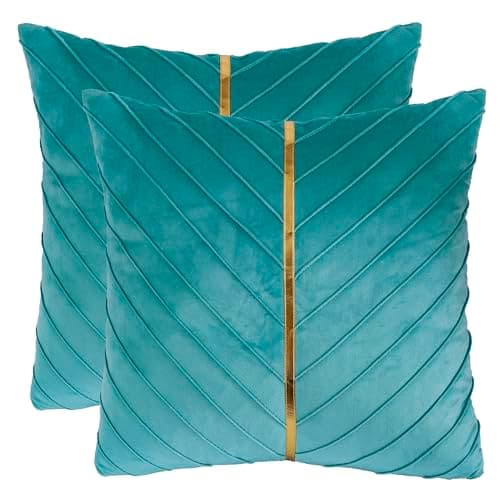 Tosleo Aqua Green Velvet Throw Pillow Covers 22x22 Pack of 2 with Gold Leather Decorative Couch Pillow Cover Luxury Modern Soft Pillowcases Summer Home Decor for Sofa Bed Living Room