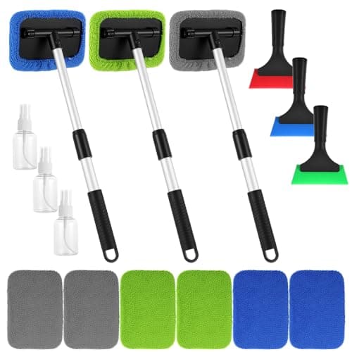 PercyEffie 18PCS Windshield Cleaner Tool, Inside Car Window Cleaning Tool with 3 Window Tint Squeegee, 9 Microfiber Pads and 3 Spray Bottles for Car Windshield Window, Mirror, Glass Door