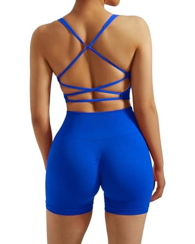 RXRXCOCO Seamless Workout Sets for Women 2 Piece Strappy Sports Bras Scrunch Butt Booty Shorts Matching Yoga Outfits Blue Small