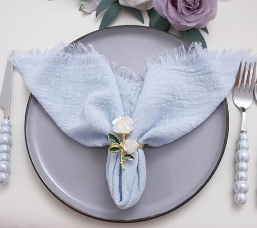 FruwaBlu Fringed Cotton Cloth Napkins Set of 12,Dinner Napkins Cloth Bulk,Handmade 16’’x16’’, for Easter, Party, Wedding (Light Blue)