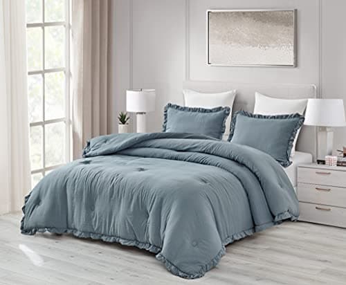 Chezmoi Collection Nora Dusty Blue Comforter Set Queen Size 3-Piece Lightweight Fluffy Soft Stone-Washed Ruffled Shabby Chic Bedding for All Season