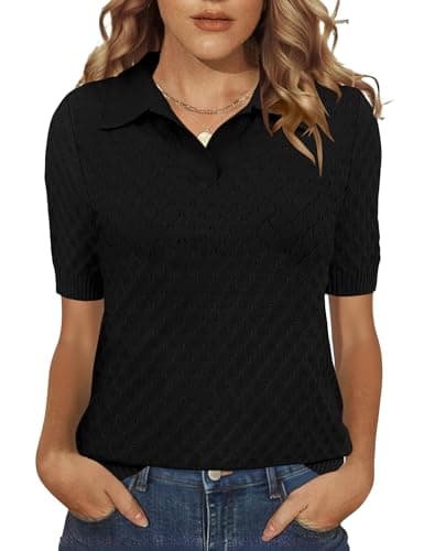 Rapbin Black Polo Sweaters for Women Short Sleeve Knit Shirts Spring Casual Sweater Tops 2026 Trendy(Black, X-Large)