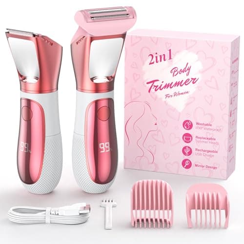 NIPOO Bikini Trimmer for Women, 2 in 1 Electric Razors Shaver, IPX7 Waterproof Body Hair Trimmer with Mirror, LED Light & Display, Painless Pubic Hair Removal, White