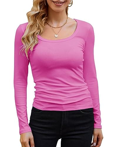 GEMBERA Womens Long Sleeve Scoop Neck Ribbed Knit Tops Casual Slim Fitted Basic Shirts(3924,Hot Pink-M)
