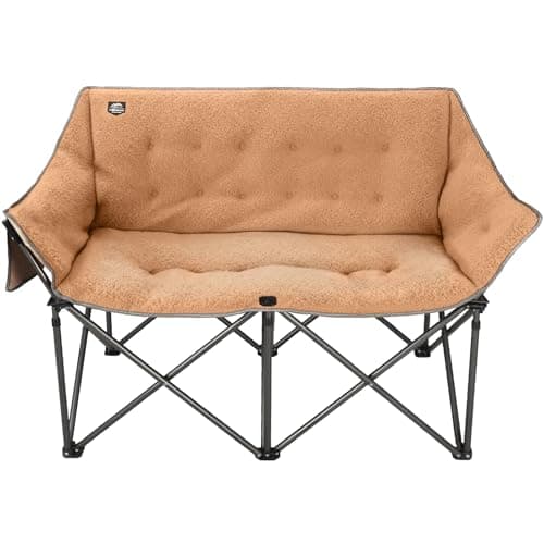 LANMOUNTAIN Fuzzy Oversized Folding Double Camping Chairs,Heavy Duty Supports 600 Lbs,Comfy Portable Loveseat for Adults w/Mesh Pocket,Plush Fleece-Lined Lawn Couch for Outdoor/Indoor,Light Moca