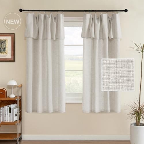 H.VERSAILTEX Linen Curtains with Valance 63 Inch, Boho Window Curtain Light Filtering, Drapes 2 Panels Set for Farmhouse Semi-Sheer Treatments Rod Pocket/Ring Top for Bedroom 52 x 63 Inch, Pale Oak