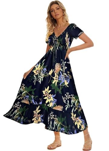 Sanmuzi 2024 Women's V Neck Boho Dress Summer Short Sleeve Smocked Empire Waist Flowy Midi Dress