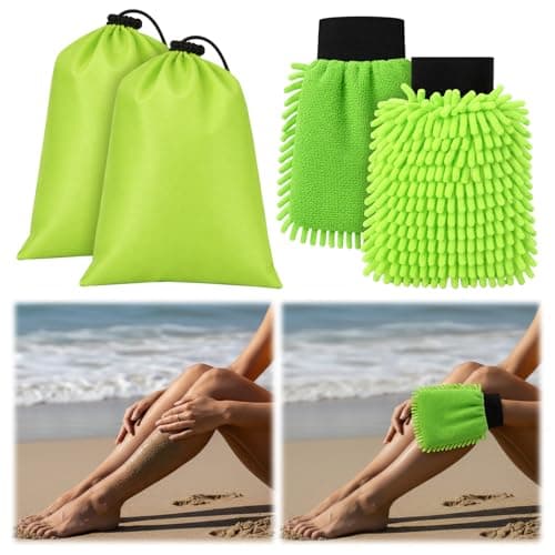 Twistover 2 Pcs Microfiber Beach Sand Remover Mitts 2 in 1 Green Chenille Beach Mitt for Removing Sand Applying Sunscreen Clean Accessories with Waterproof Bag for Summer Sea Coastal Hawaii Vacation
