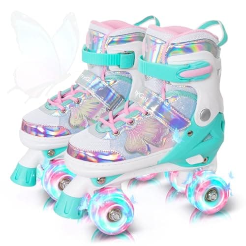MammyGol Kids Roller Skates for Girls or Boys, 4 Size Adjustable Roller Skates for Little Kid with Beautiful Butterflies, Beginner Kids Light up Roller Quad Skates Indoor Outdoor (Teal)