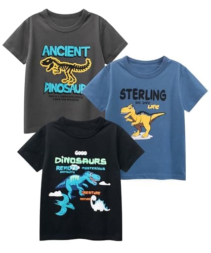 GFQLONG 3 Pack Toddler Boy Graphic Shirts, Dinosaur Short Sleeve Cotton Tshirt, Kids Summer Cars Tees Top Clothes, Black+Blue+Grey, 2T-3T