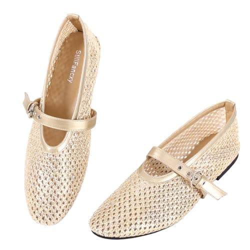 StillFancxy Gold Flats Shoes for Women Mary Jane Ballet Flats with Adjustable Strap Square Toe Comfortable Dressy Slip-on Work Daily Shoes