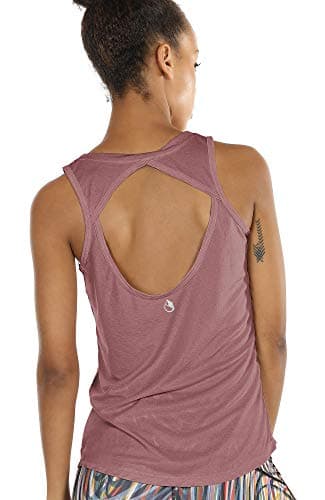 icyzone Open Back Yoga Tops for Women - Activewear Workout Clothes Exercise Fitness Tank Tops Gym Shirts(XL,Mocha)