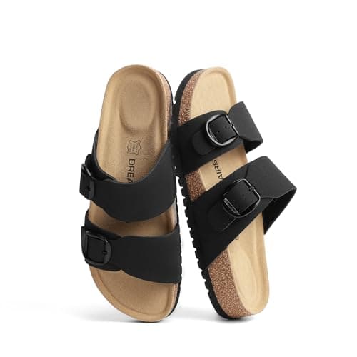 DREAM PAIRS Women's Slides Soft Genuine Footbed Sandals Comfortable Adjustable Double Buckle Slip-on Flat Sandals with Arch Support Frame Dual Slippers for Summer 2026,Size 8.5,Black,SDSS26004W