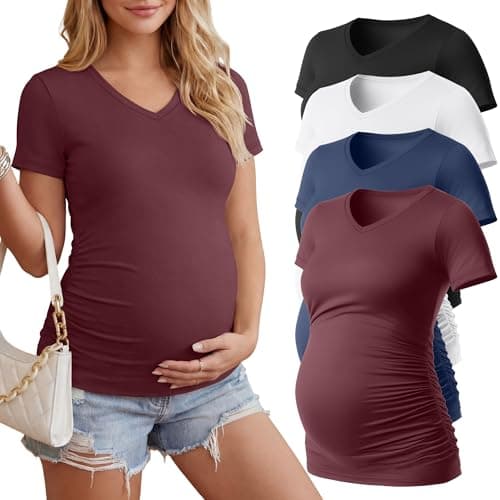 Huukeay 4 Pack Women's Maternity Shirts, V Neck Maternity Top Short Sleeve Casual Tee Side Ruched Pregnancy Clothes(Black, Burgundy, White, Navy Blue,X-Large)