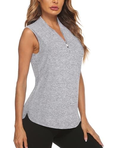 Cucuchy Style Women Golf Shirt, Tennis Shirts 1/4 Zip Up Polo Sleeveless Yoga Tops Quick Dry Moisture Wicking Summer Workout Apparel Grey 2XL