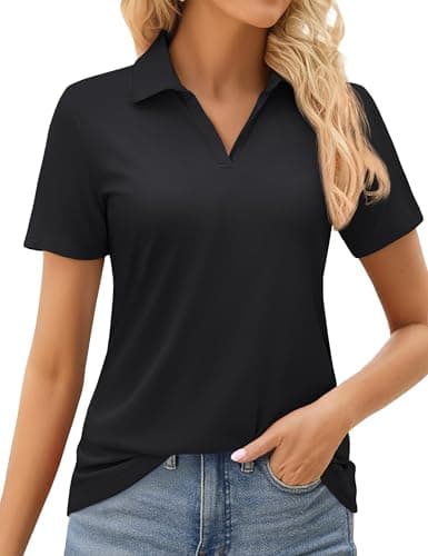 MAGCOMSEN Womens Polo Shirts Short Sleeve V Neck Golf Shirts UPF 50+ Quick Dry Moisture Wicking Tennis Athletic Black,S