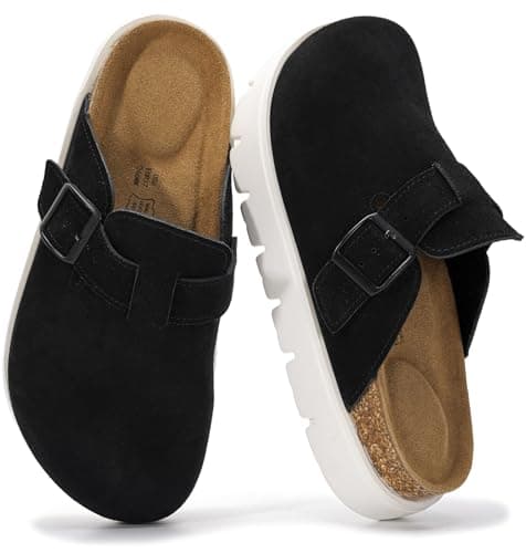 Project Cloud 100% Genuine Leather Platform Clogs for Women Footwear - Memory Foam Arch Support Cork Footbed Casual Shoes & Mules for Women 2026 (Benton Chunky, BLK, 6.5)